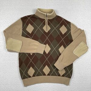 BKE Sweater Mens XXL Argyle 1/4 Zip Vintage Hong Kong Academia‎ Elbow Patches